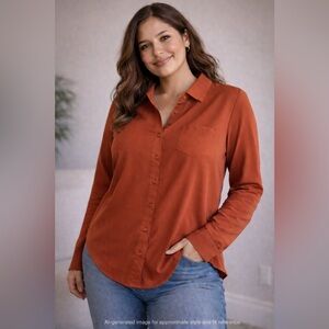 Rust Button Front Blouse Hi-Low Hem Long Sleeve Size L